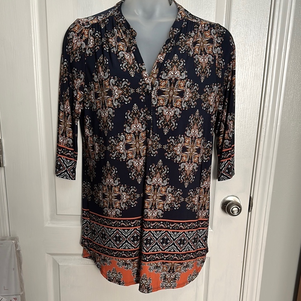 Navy and Orange Patterned Blouse